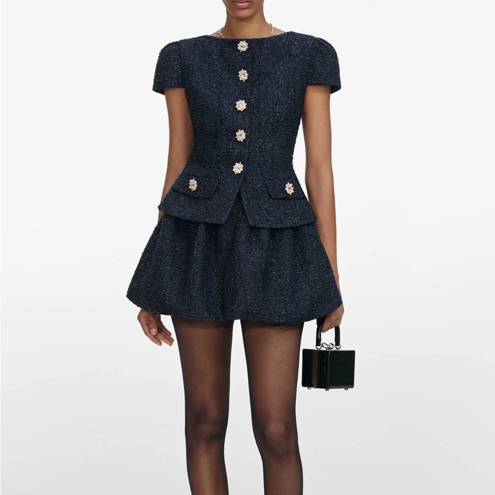 Self-Portrait Navy Mini Dress with Floral Buttons